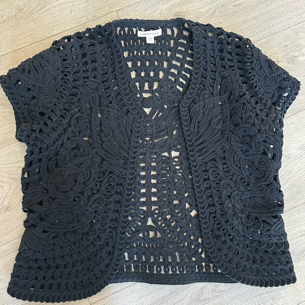 Coldwater Creek Sweater Cardigan Womens Size 16 Black Lace Crochet Open Front